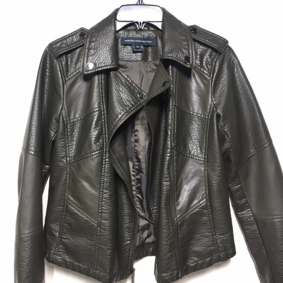French Connection Faux Leather Moto Jacket in Dark Olive Green XS NWOT - Picture 3 of 8